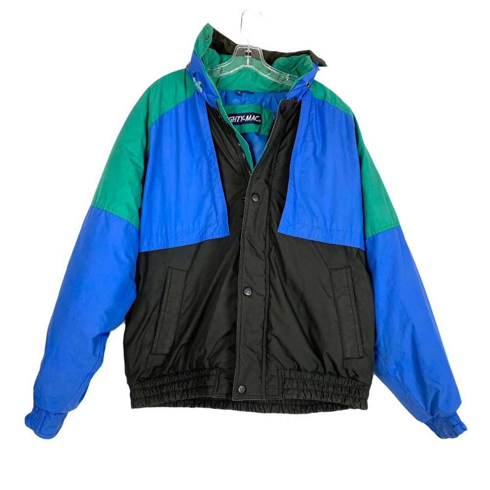 Vintage Color Block Down Ski Snow Jacket Large Blue Black